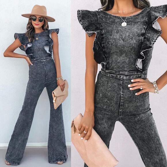 Vici Pants - Vici Womens Jonesy Flared Leg Denim Jumpsuit Size Medium Black Acid Wash Ruffle